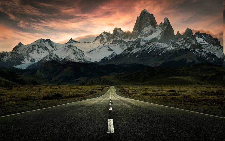 nature, Landscape, Sunrise, Mountain, Clouds, Road, Snowy Peak HD Wallpaper Desktop Background