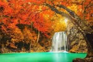 landscape, Nature, Colorful, Waterfall, Trees, Fall, Red, Yellow, Turquoise, Water, Thailand