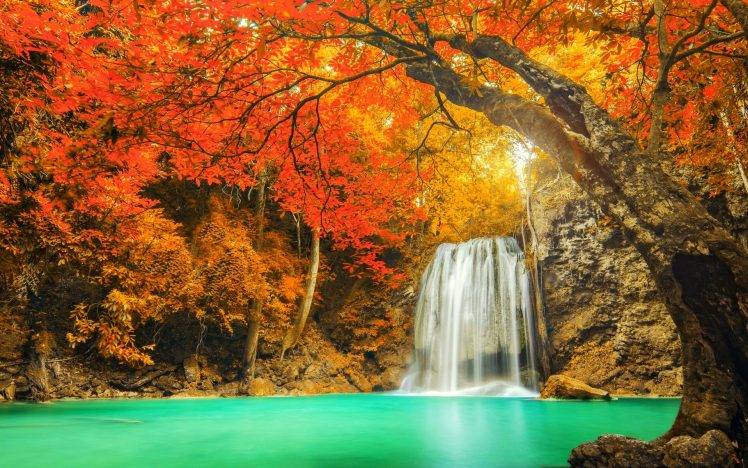 landscape, Nature, Colorful, Waterfall, Trees, Fall, Red, Yellow, Turquoise, Water, Thailand HD Wallpaper Desktop Background