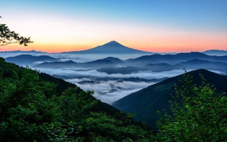 nature, Landscape, Mount Fuji, Japan, Sunrise, Forest, Mountain, Mist HD Wallpaper Desktop Background