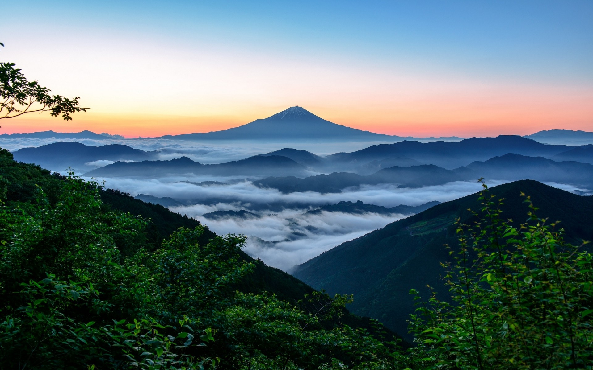 nature, Landscape, Mount Fuji, Japan, Sunrise, Forest, Mountain, Mist Wallpaper