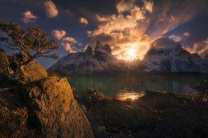 nature, Landscape, Mountain, Sunset, Chile, Torres Del Paine, Lake, Clouds, Snowy Peak, Trees, Water, Sun Rays