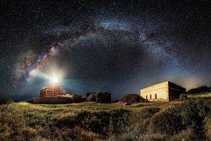 nature, Landscape, Lighthouse, Milky Way, Starry Night, Space, Universe, Galaxy, Grass, Shrubs, Long Exposure