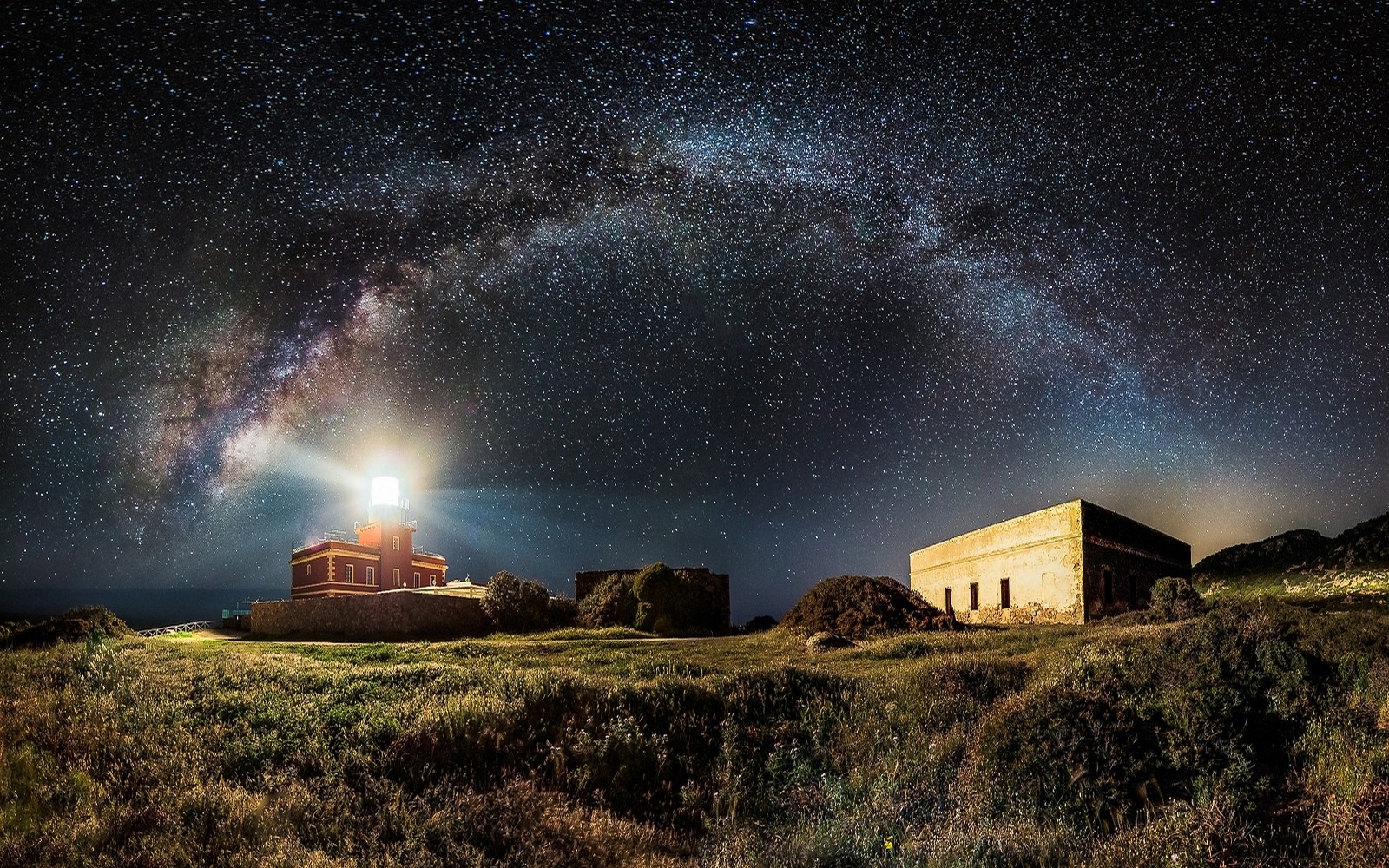 nature, Landscape, Lighthouse, Milky Way, Starry Night, Space, Universe, Galaxy, Grass, Shrubs, Long Exposure Wallpaper