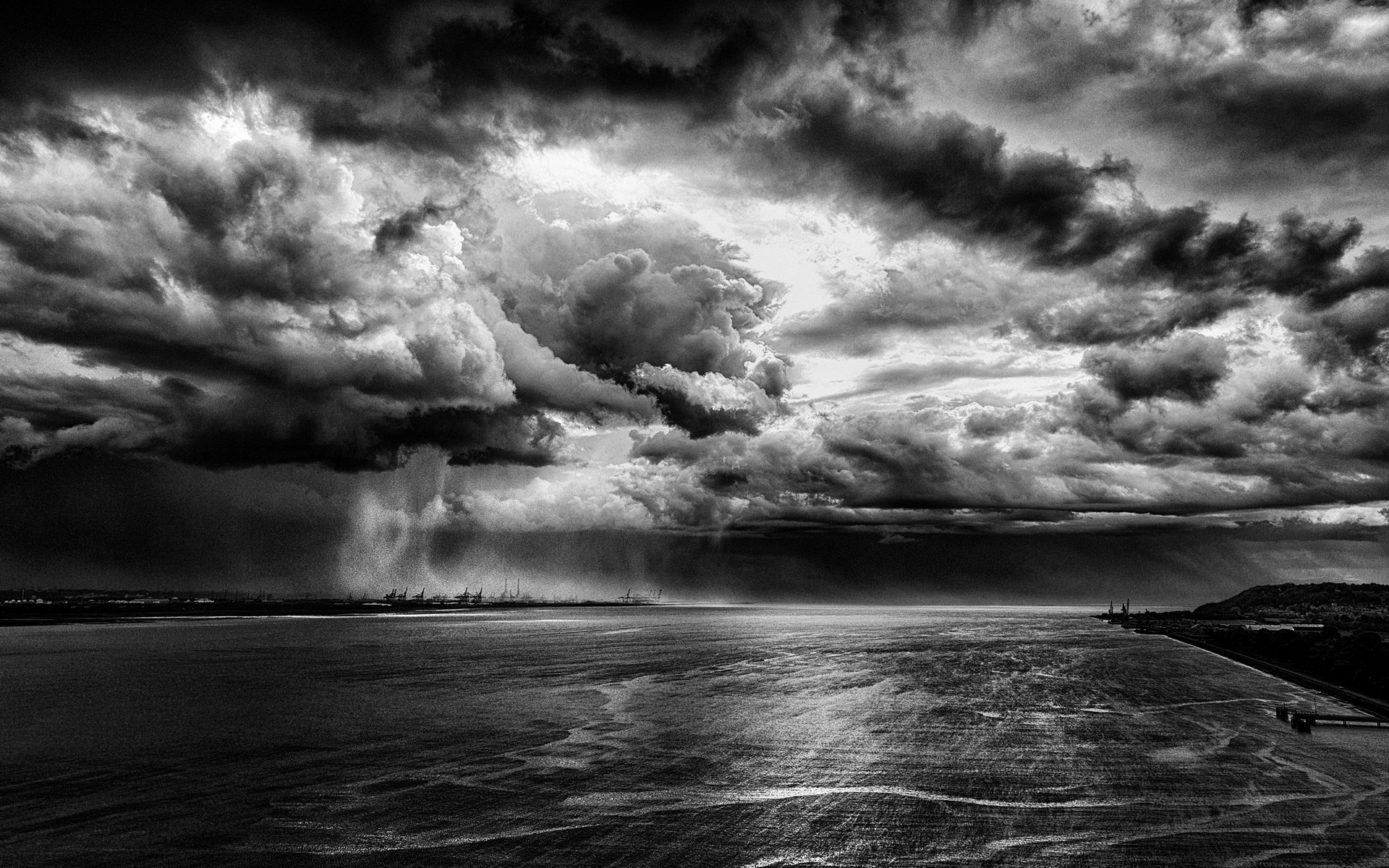 nature, Landscape, Storm, Rain, Monochrome, Clouds, River, Dock, Water Wallpaper