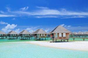 nature, Landscape, Summer, Bungalow, Resort, Sea, Tropical, Vacations, Clouds, Maldives, Beach