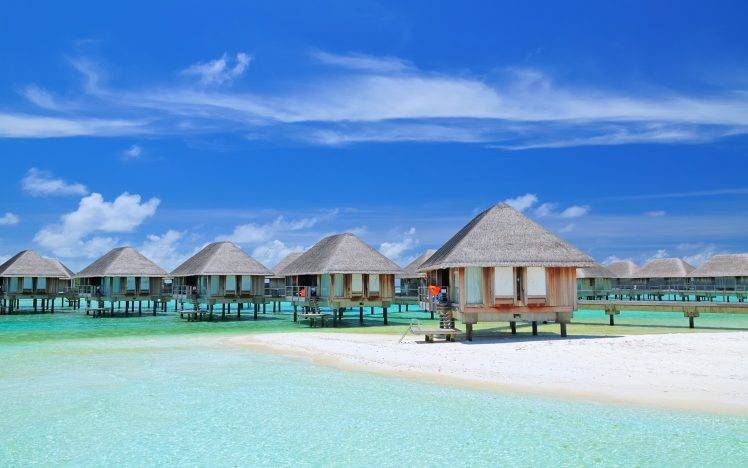 nature, Landscape, Summer, Bungalow, Resort, Sea, Tropical, Vacations, Clouds, Maldives, Beach HD Wallpaper Desktop Background