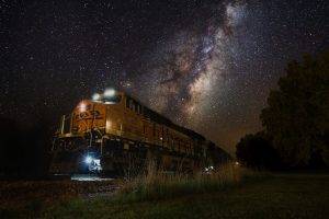 train, Diesel Locomotives, Machine, Milky Way, Grass, Trees, Starry Night, Landscape, Lights