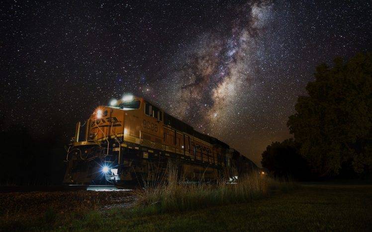 train, Diesel Locomotives, Machine, Milky Way, Grass, Trees, Starry Night, Landscape, Lights HD Wallpaper Desktop Background