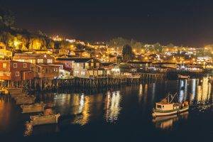 night, Lights, City, Pile dwelling, Chile, Island, Sea, Boat, Urban, Architecture, Landscape