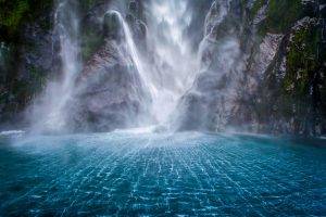 landscape, Waterfall, Mountain, Moss, Milford Sound, Nature, New Zealand, Cliff, Fjord, Sea, Mist, Water, Blue, White