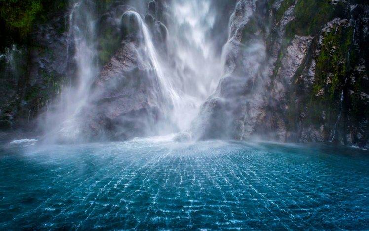 landscape, Waterfall, Mountain, Moss, Milford Sound, Nature, New Zealand, Cliff, Fjord, Sea, Mist, Water, Blue, White HD Wallpaper Desktop Background