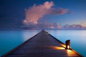 sunrise, Walkway, Clouds, Sea, Nature, Landscape, Maldives, Tropical, Lamps, Lights, Horizon, Pier