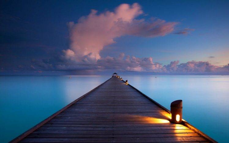 sunrise, Walkway, Clouds, Sea, Nature, Landscape, Maldives, Tropical, Lamps, Lights, Horizon, Pier HD Wallpaper Desktop Background