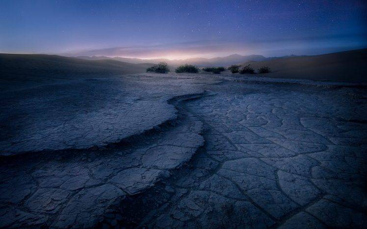 nature, Landscape, Death Valley, Sunrise, Shrubs, Mountain, Mist, Blue, Stars, Desert, California, Dune HD Wallpaper Desktop Background