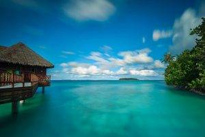 nature, Landscape, Bungalow, Sea, Clouds, Walkway, Beach, Maldives, Tropical, Trees, Summer, Turquoise, Water