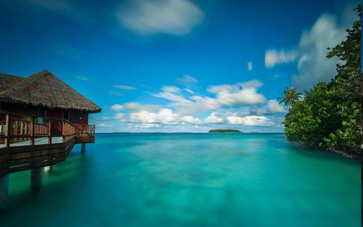 nature, Landscape, Bungalow, Sea, Clouds, Walkway, Beach, Maldives, Tropical, Trees, Summer, Turquoise, Water HD Wallpaper Desktop Background