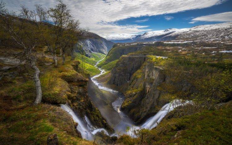 nature, Landscape, Waterfall, Canyon, River, Norway, Trees, Mountain, Clouds, Snowy Peak, Shrubs HD Wallpaper Desktop Background