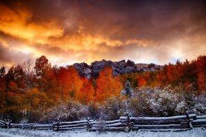 nature, Fall, Snow, Landscape, Fence, Forest, Clouds, Sunrise, Trees, Hill
