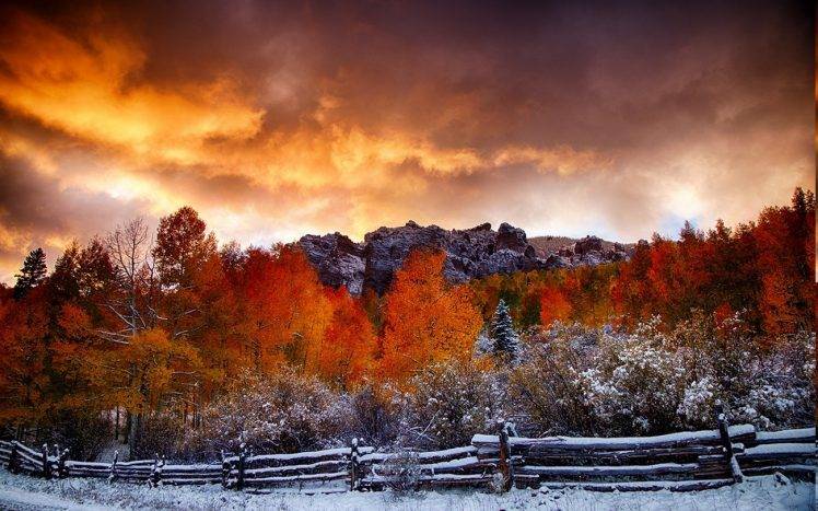 nature, Fall, Snow, Landscape, Fence, Forest, Clouds, Sunrise, Trees, Hill HD Wallpaper Desktop Background