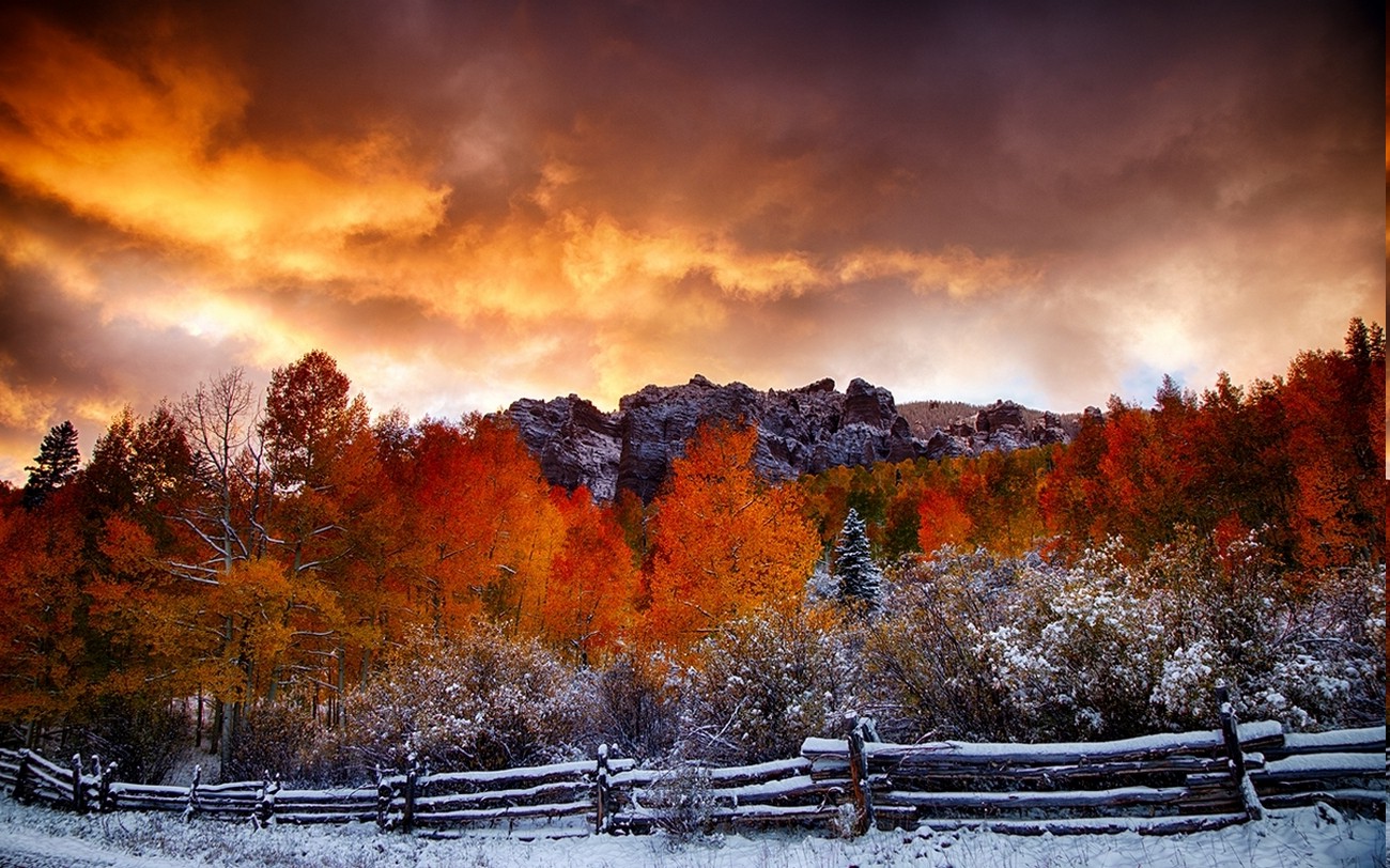 nature, Fall, Snow, Landscape, Fence, Forest, Clouds, Sunrise, Trees