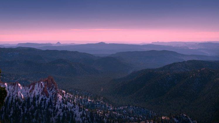 nature, Landscape, Bryce Canyon National Park, Mist, Sunset, Mountain, Hill, Forest, Snow, Utah HD Wallpaper Desktop Background