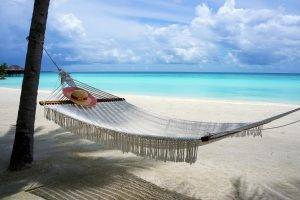 beach, Maldives, Island, Nature, Sand, Hammocks, Sea, Clouds, Tropical, Vacations, Summer, Landscape, Trees