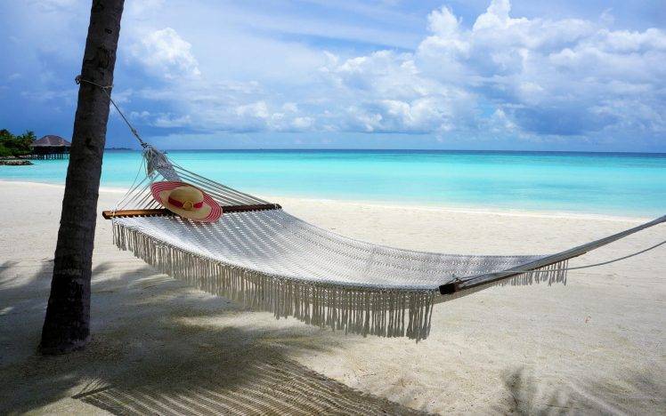 beach, Maldives, Island, Nature, Sand, Hammocks, Sea, Clouds, Tropical, Vacations, Summer, Landscape, Trees HD Wallpaper Desktop Background