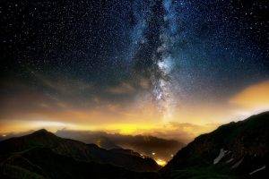 nature, Landscape, Long Exposure, Mountain, Milky Way, Starry Night, Mist, Lights, Italy, Clouds