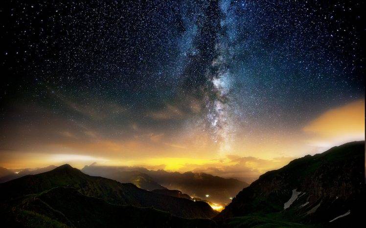 nature, Landscape, Long Exposure, Mountain, Milky Way, Starry Night, Mist, Lights, Italy, Clouds HD Wallpaper Desktop Background