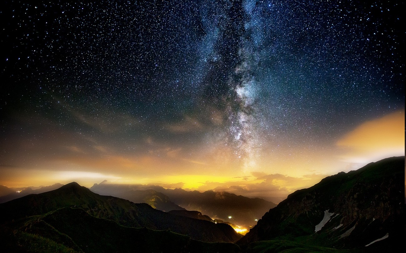 nature, Landscape, Long Exposure, Mountain, Milky Way, Starry Night, Mist, Lights, Italy, Clouds Wallpaper