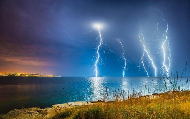 nature, Landscape, Lightning, Coast, Storm, Sea, Clouds, City, Shrubs HD Wallpaper Desktop Background