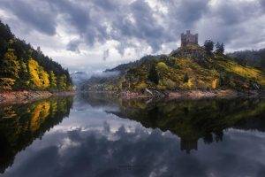 nature, Landscape, Water, Lake, Trees, Reflection, France, Castle, Forest, Hill, Rock, Clouds, Mist