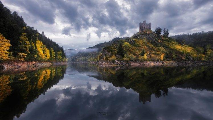 nature, Landscape, Water, Lake, Trees, Reflection, France, Castle, Forest, Hill, Rock, Clouds, Mist HD Wallpaper Desktop Background