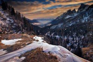 nature, Landscape, Italy, Mountain, Sunrise, Mist, Forest, Clouds, Fall, Snow, Valley, Long Exposure