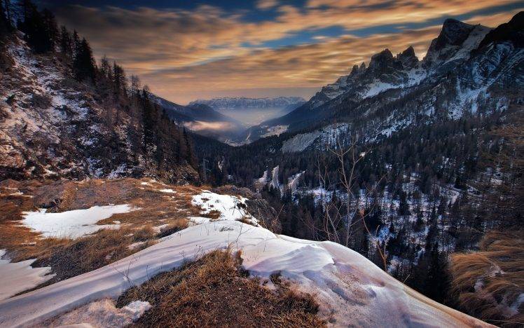 nature, Landscape, Italy, Mountain, Sunrise, Mist, Forest, Clouds, Fall, Snow, Valley, Long Exposure HD Wallpaper Desktop Background