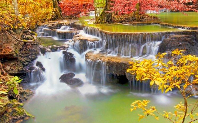 landscape, Nature, Colorful, Waterfall, Trees, Fall, Roots, Tropical, Thailand HD Wallpaper Desktop Background