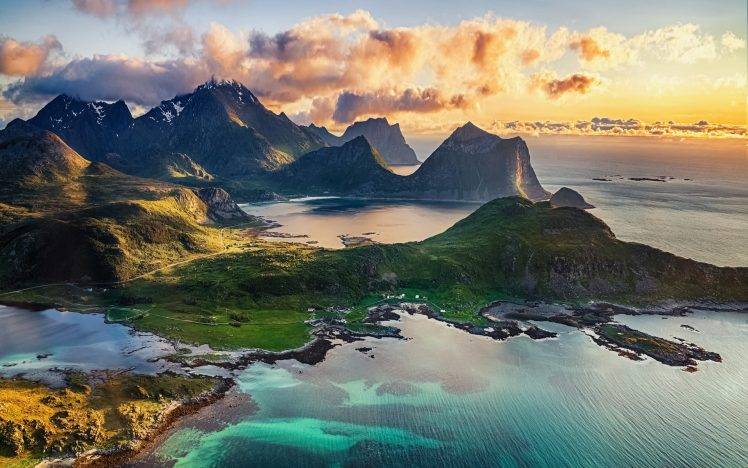landscape, Nature, Mountain, Beach, Island, Lofoten, Norway, Clouds, Sea, Midnight, Sun, Cliff HD Wallpaper Desktop Background