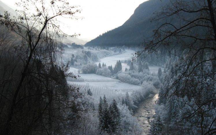nature, Landscape, Winter, River, Valley, Mountain, Snow, Forest, Field, Trees HD Wallpaper Desktop Background