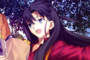 Tohsaka Rin, Fate Series, Black Hair, Long Hair, Open Mouth, Blue Eyes, Shirt, Bread, Pepper, Vegetables, Bangs, Women Outdoors, Type Moon, Leaves, Trees, Newspapers, Happy, Solo, Anime Girls, Looking Away
