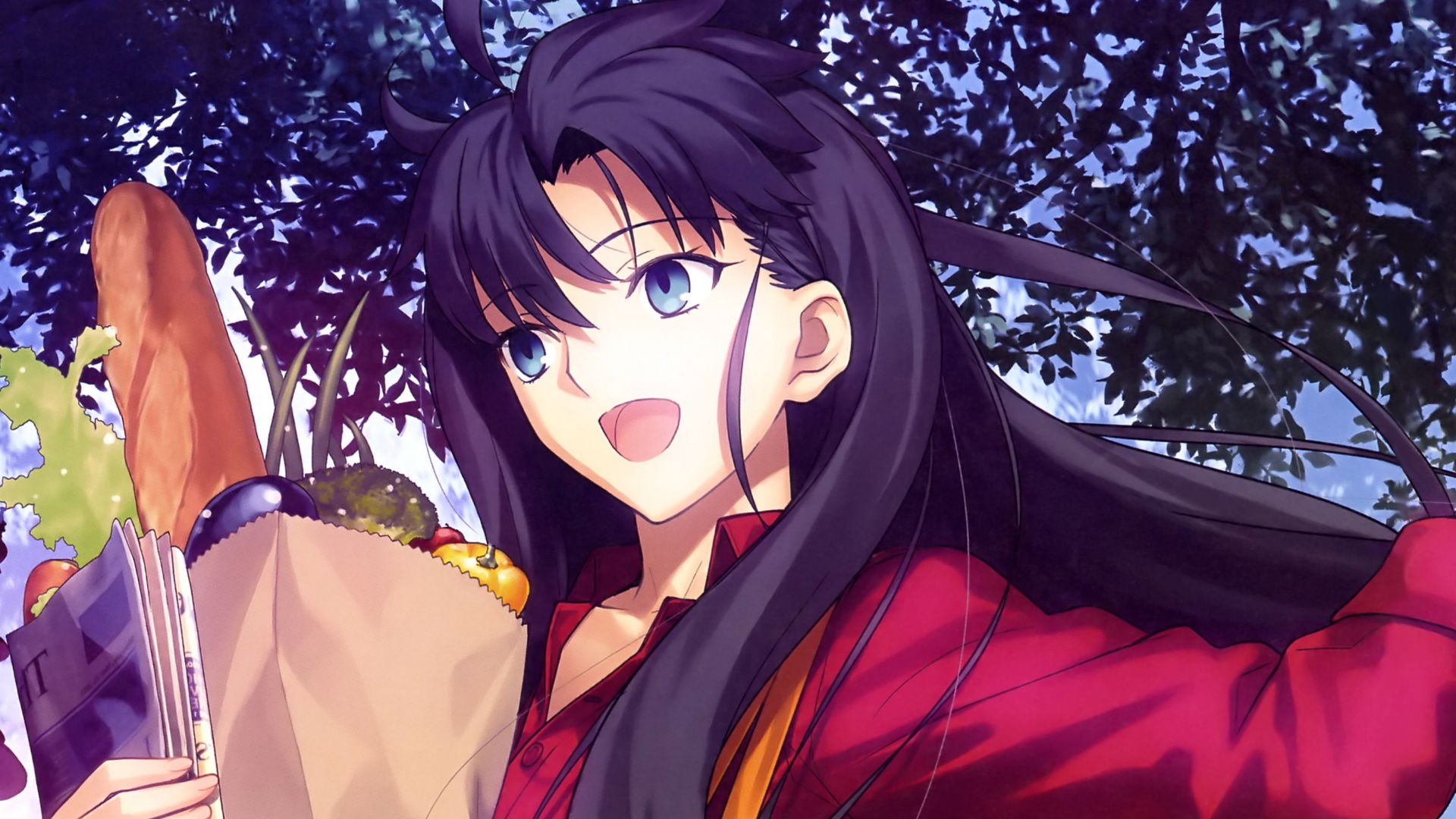 Tohsaka Rin, Fate Series, Black Hair, Long Hair, Open Mouth, Blue Eyes, Shirt, Bread, Pepper, Vegetables, Bangs, Women Outdoors, Type Moon, Leaves, Trees, Newspapers, Happy, Solo, Anime Girls, Looking Away Wallpaper