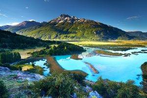 nature, Landscape, Chile, River, Shrubs, Mountain, Trees, Patagonia, Turquoise, Water, Sunset, Summer