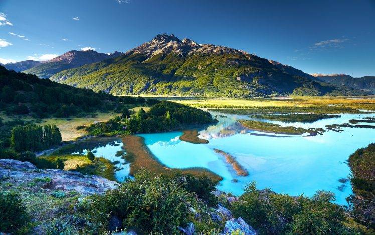 nature, Landscape, Chile, River, Shrubs, Mountain, Trees, Patagonia, Turquoise, Water, Sunset, Summer HD Wallpaper Desktop Background