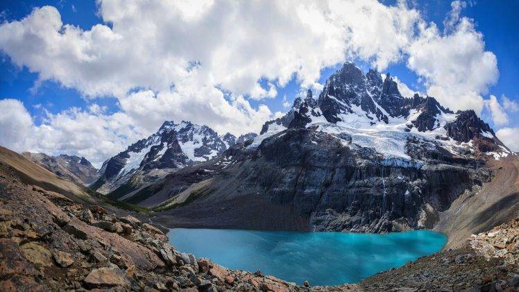 nature, Landscape, Chile, Andes, Lake, Mountain, Snowy Peak, Clouds, Summer HD Wallpaper Desktop Background