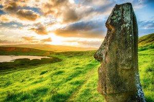 landscape, Nature, Moai, Rapa Nui, Easter Island, Archeology, Statue, Sunset, Beach, Clouds, Sea, Chile, Grass, Enigma, Hill, World Heritage Site
