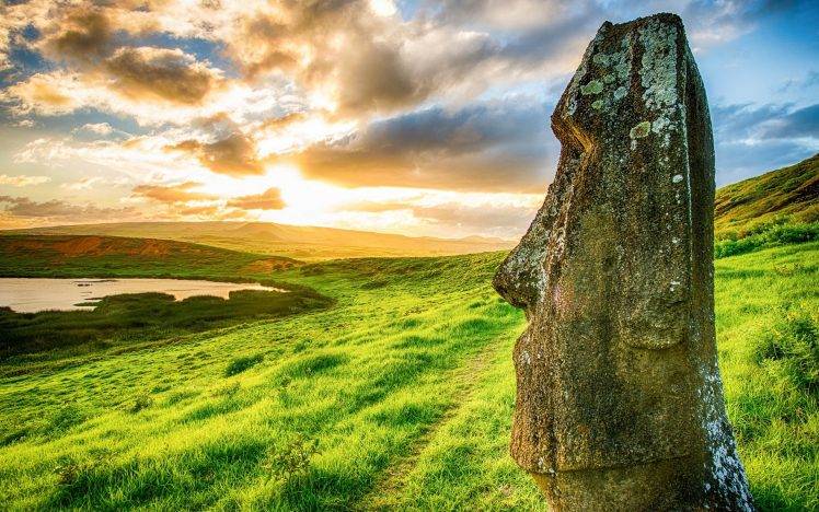 landscape, Nature, Moai, Rapa Nui, Easter Island, Archeology, Statue, Sunset, Beach, Clouds, Sea, Chile, Grass, Enigma, Hill, World Heritage Site HD Wallpaper Desktop Background