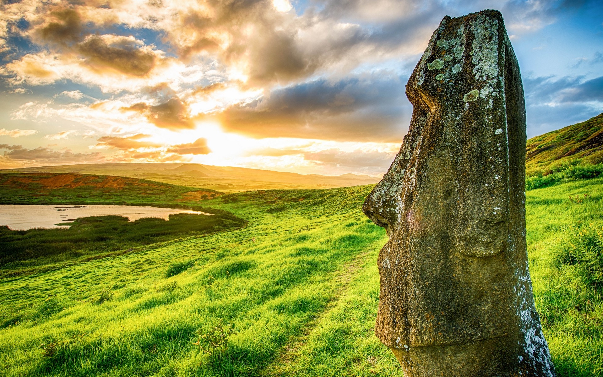 landscape, Nature, Moai, Rapa Nui, Easter Island, Archeology, Statue, Sunset, Beach, Clouds, Sea, Chile, Grass, Enigma, Hill, World Heritage Site Wallpaper