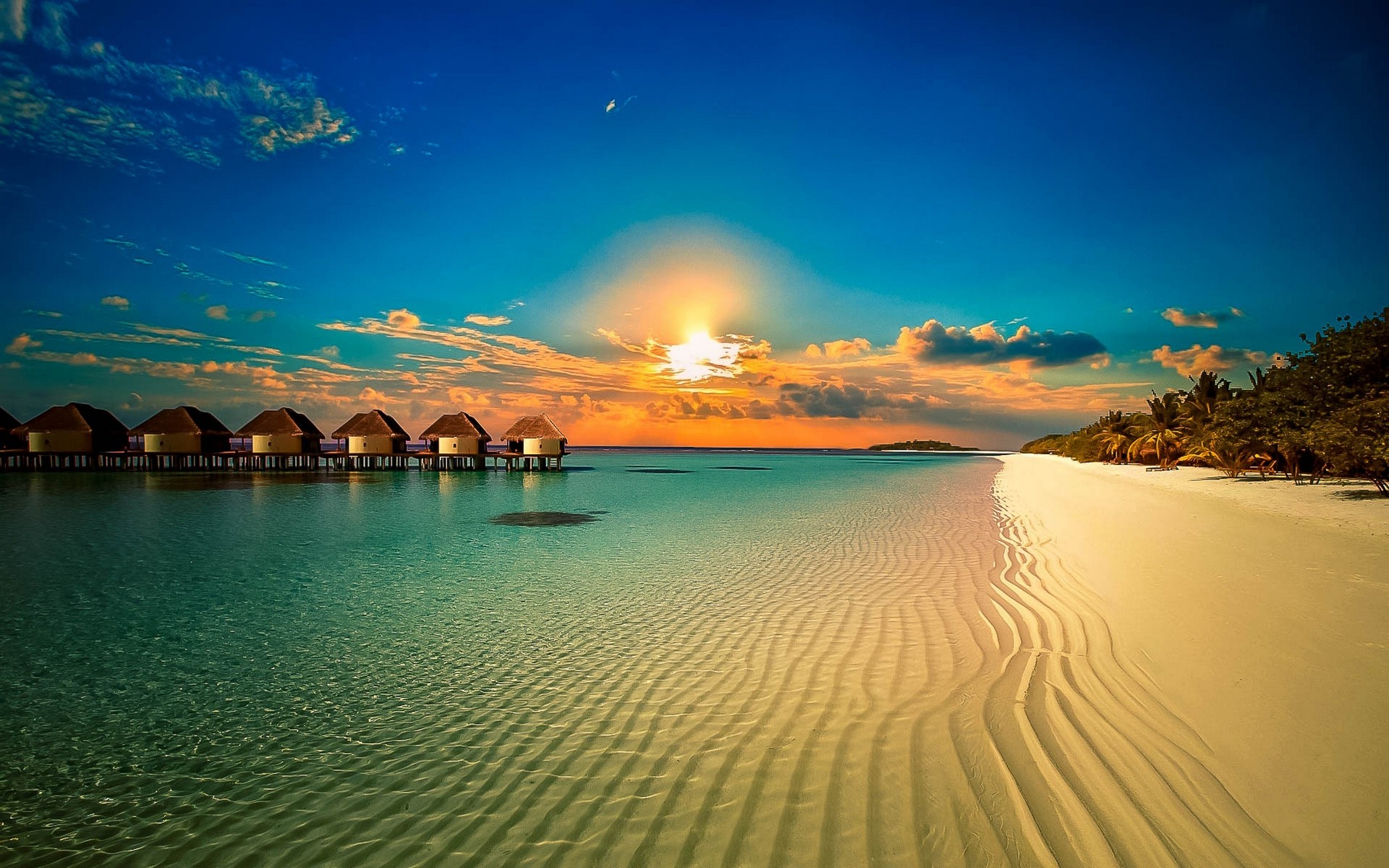 Landscape Nature Beach Resort Palm Trees Sunset Clouds Tropical