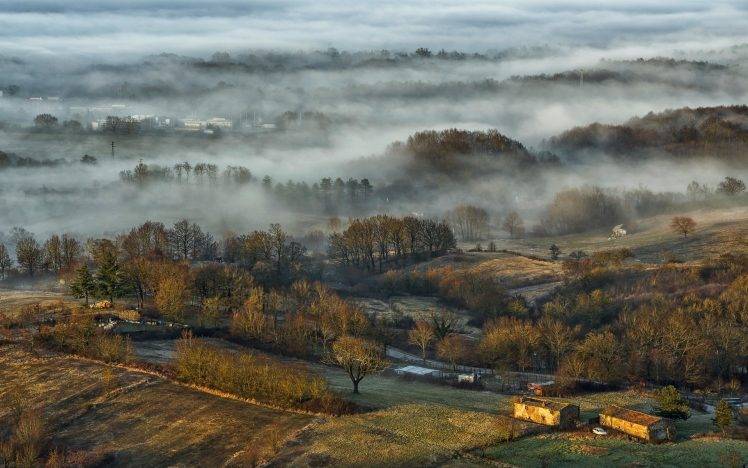mist, Nature, Sunrise, Landscape, Morning, Fall, Villages, Trees HD Wallpaper Desktop Background