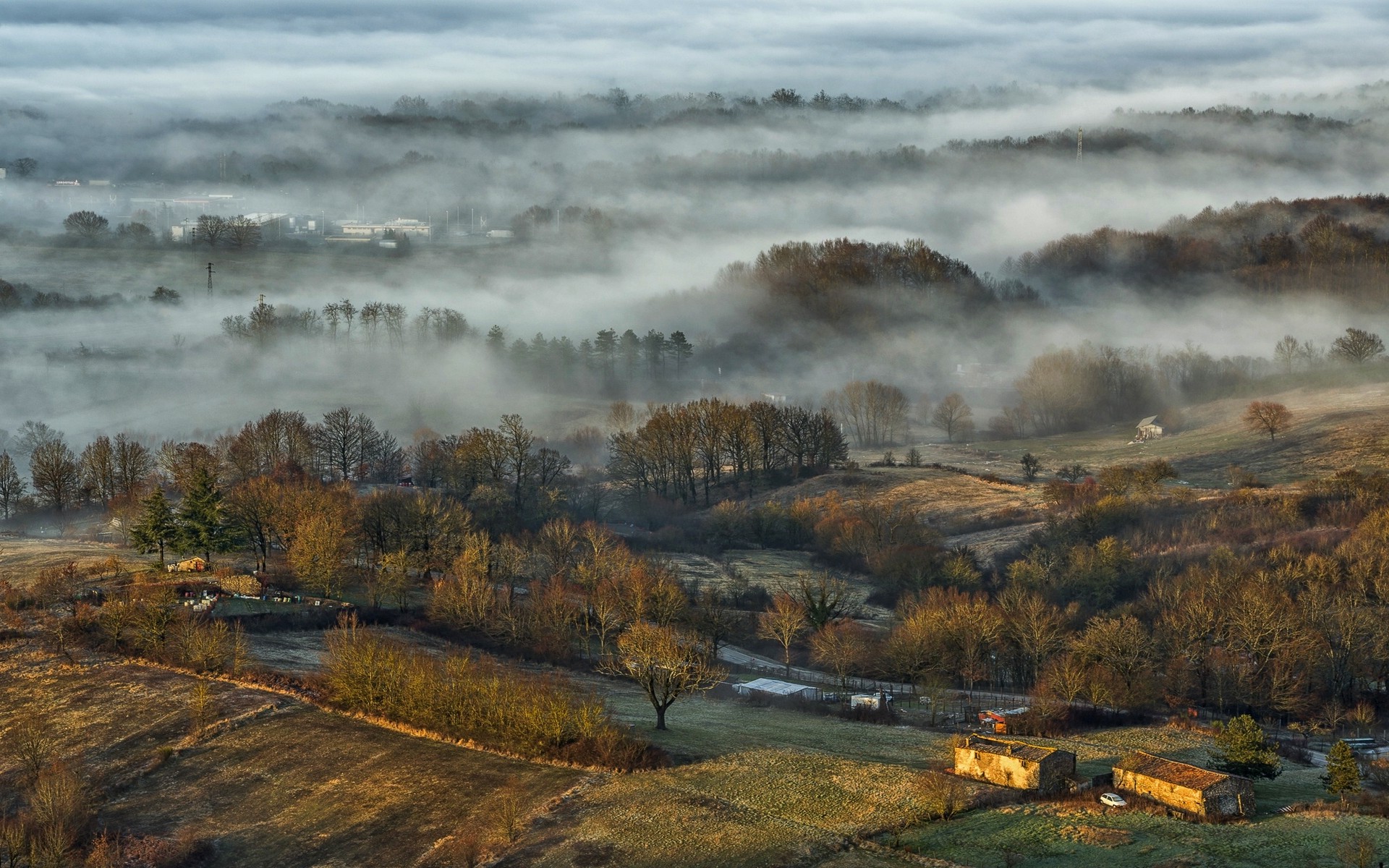 mist, Nature, Sunrise, Landscape, Morning, Fall, Villages, Trees Wallpaper